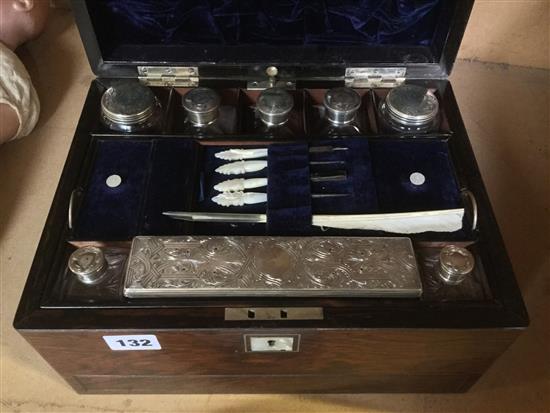 Victorian rosewood toilet box with silver topped jars